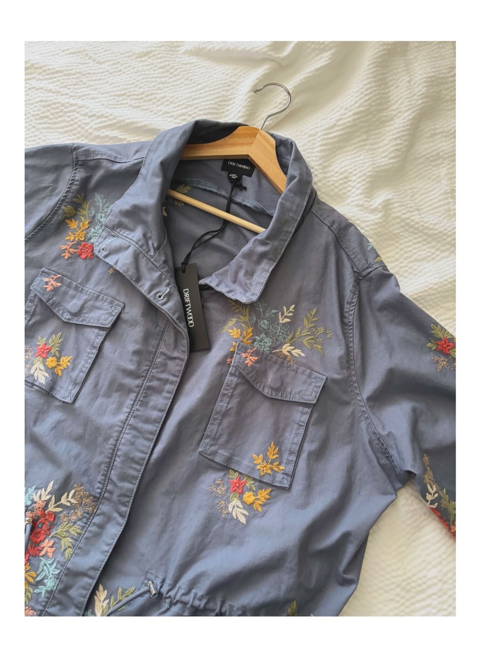 Driftwood Dusty Blue Embroidered Linen Blend Utility Jacket